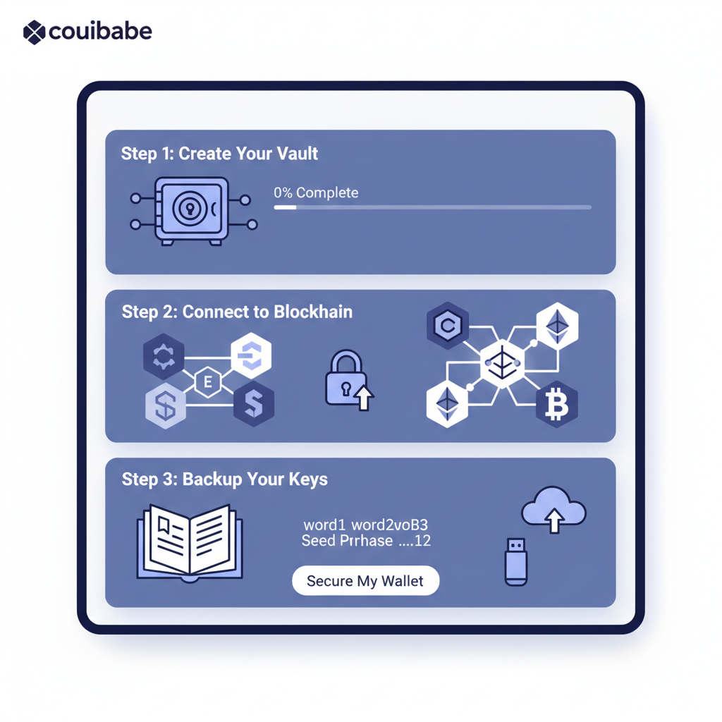 crypto wallet provisioning screen on Coinbase platform, blockchain icons, secure vault aesthetic