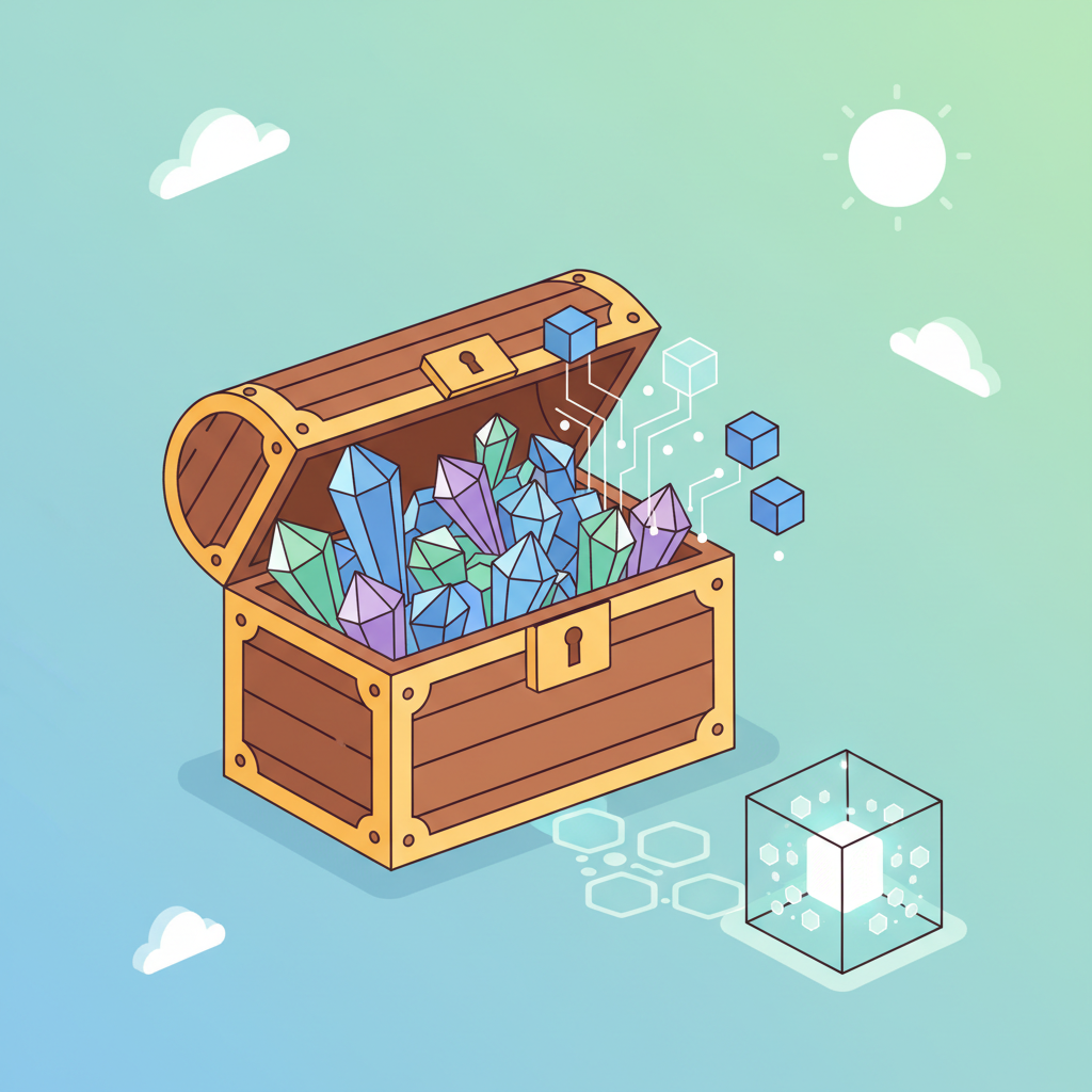 treasure chest overflowing with shimmering data crystals, blockchain motifs