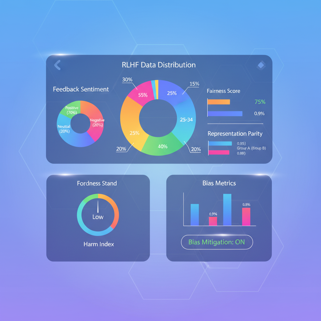 colorful diversity dashboard with pie charts and bias metrics for RLHF data, modern UI glow