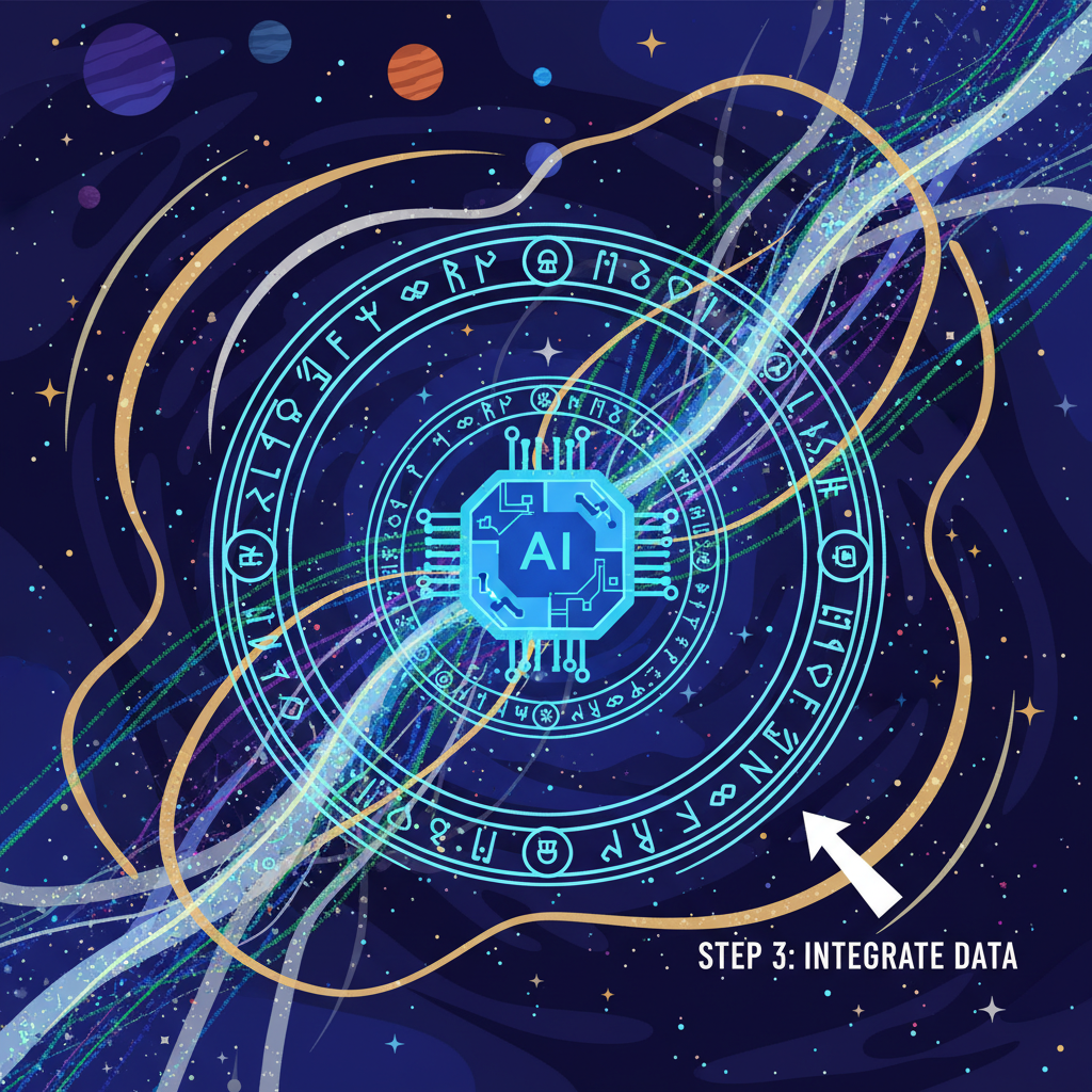 cosmic ritual circle with data streams merging into AI core, mystical energy