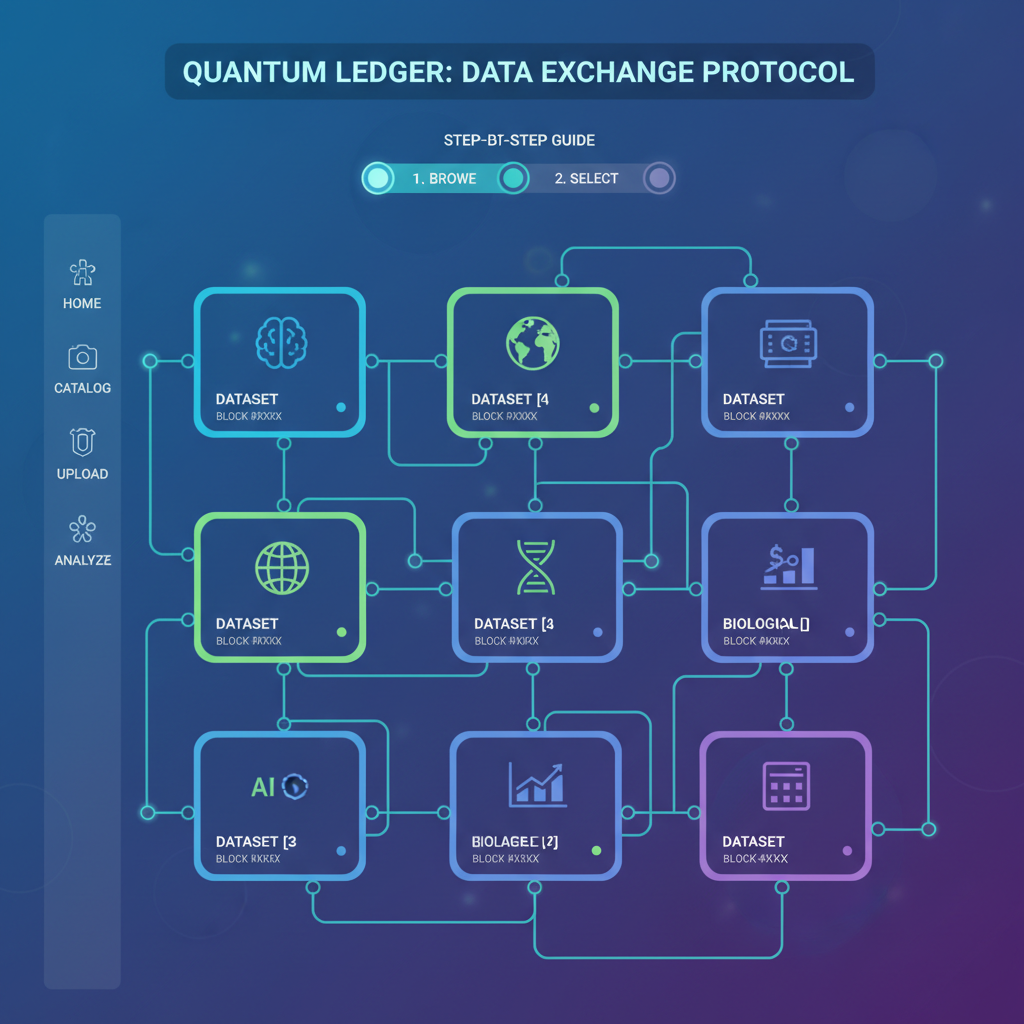 digital catalog of glowing dataset cards on blockchain network, sci-fi aesthetic