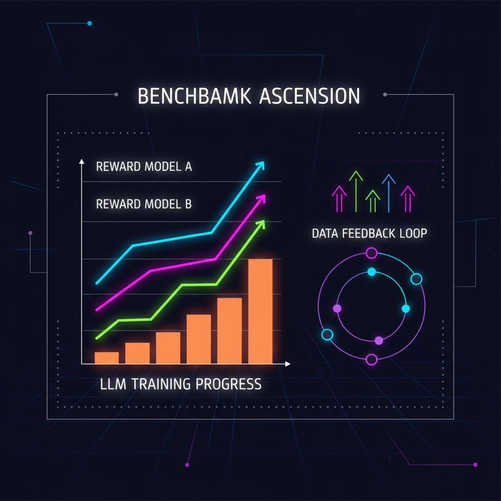 performance graphs of reward model benchmarks rising, LLM training visualization, neon charts