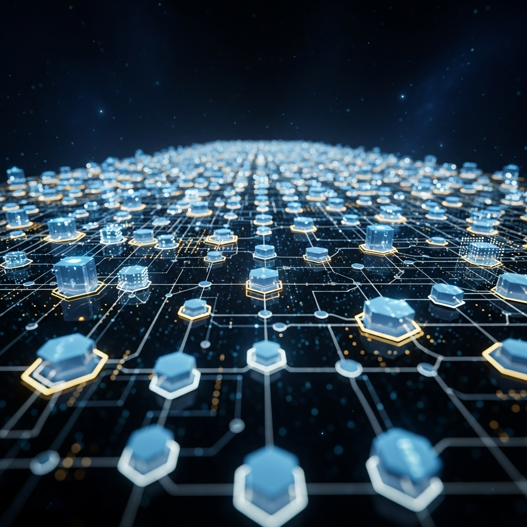 Abstract digital visualization of blockchain nodes connecting to AI neural networks for supervised fine-tuning datasets on onchain marketplaces