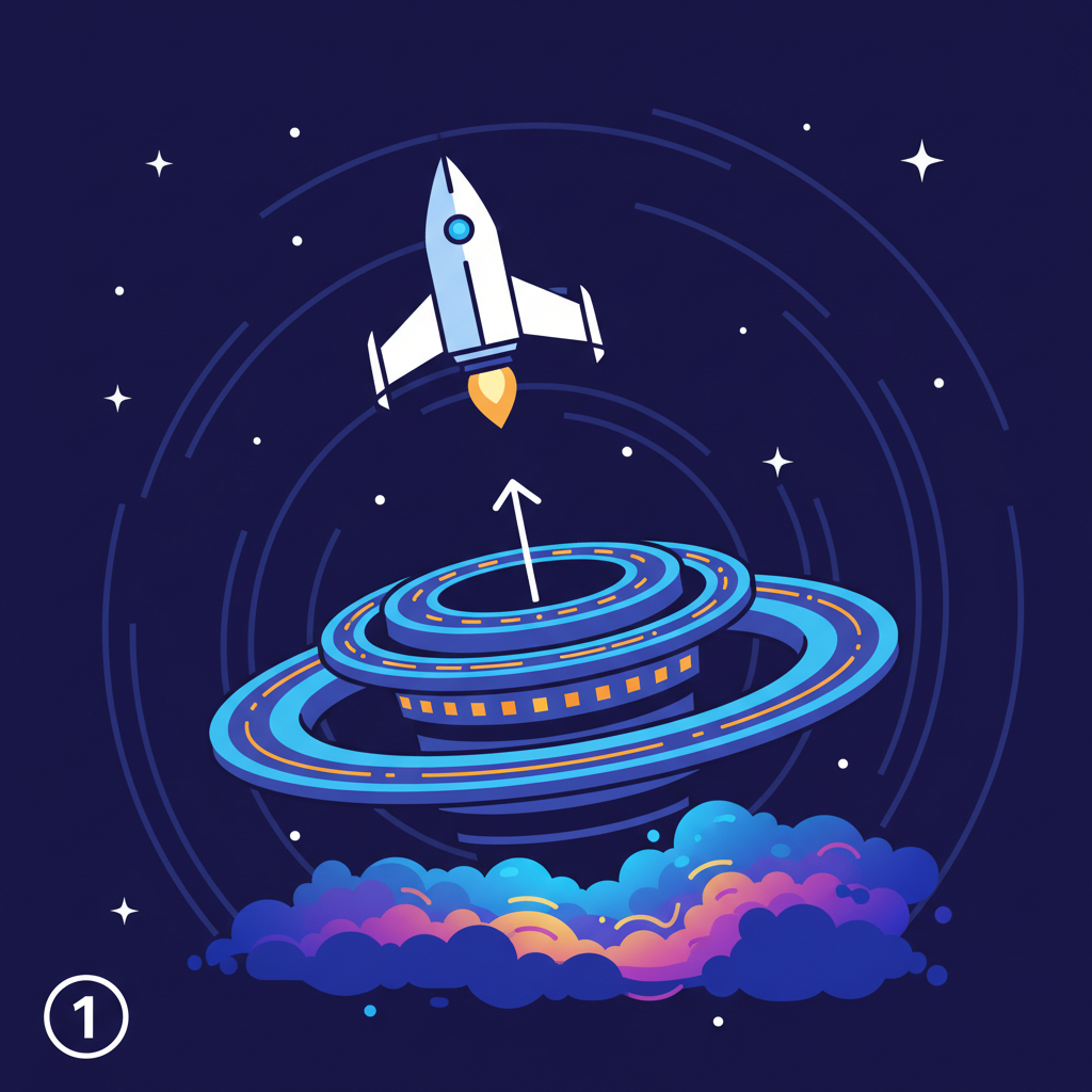 majestic spaceship launching from cosmic hub, starry nebula background
