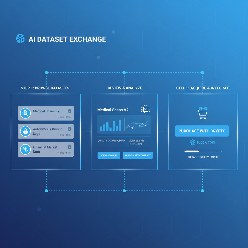 futuristic blockchain marketplace interface displaying AI datasets, professional blue tones, high-tech
