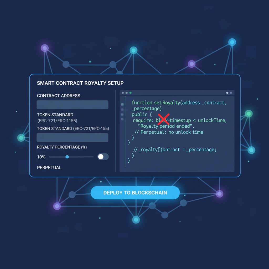 setting smart contract perpetual royalties dashboard code glowing blockchain nodes