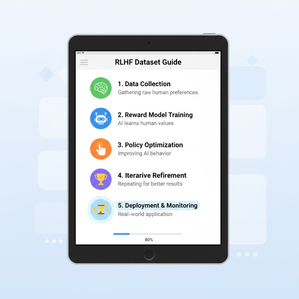 checklist on digital tablet with RLHF dataset icons, clean modern design