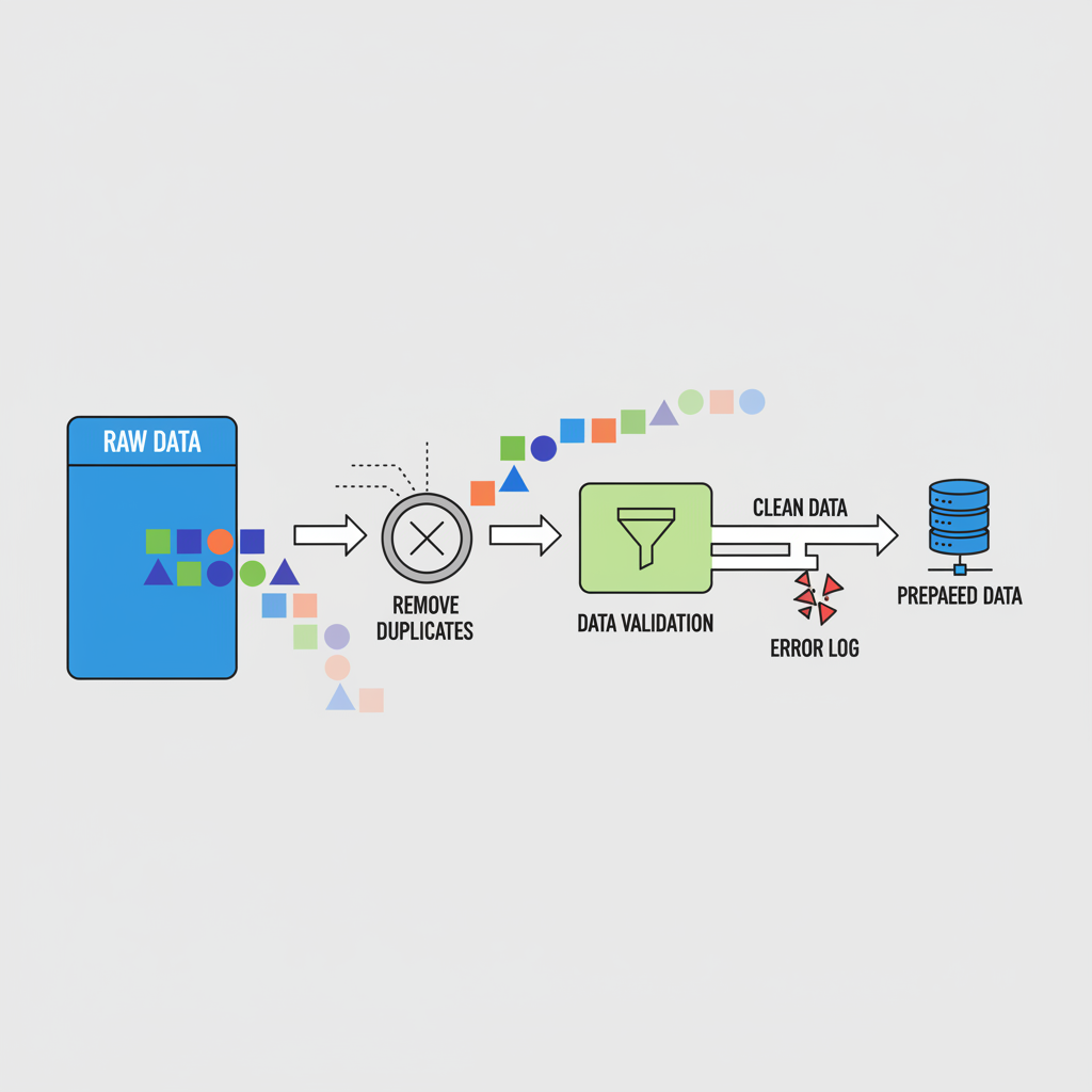 data cleaning pipeline visualization, filters removing duplicates, precise tech art