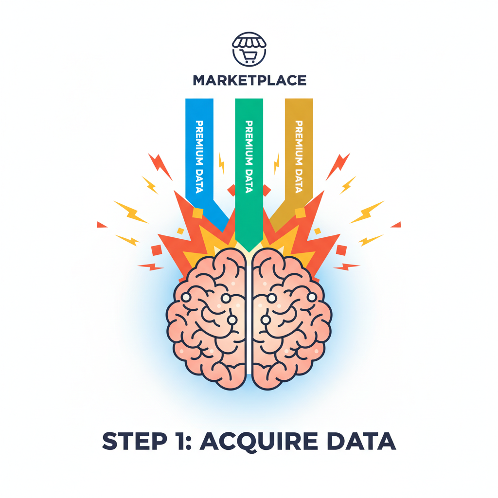 LLM neural network igniting with premium data streams from marketplace, explosive energy bursts, high-tech