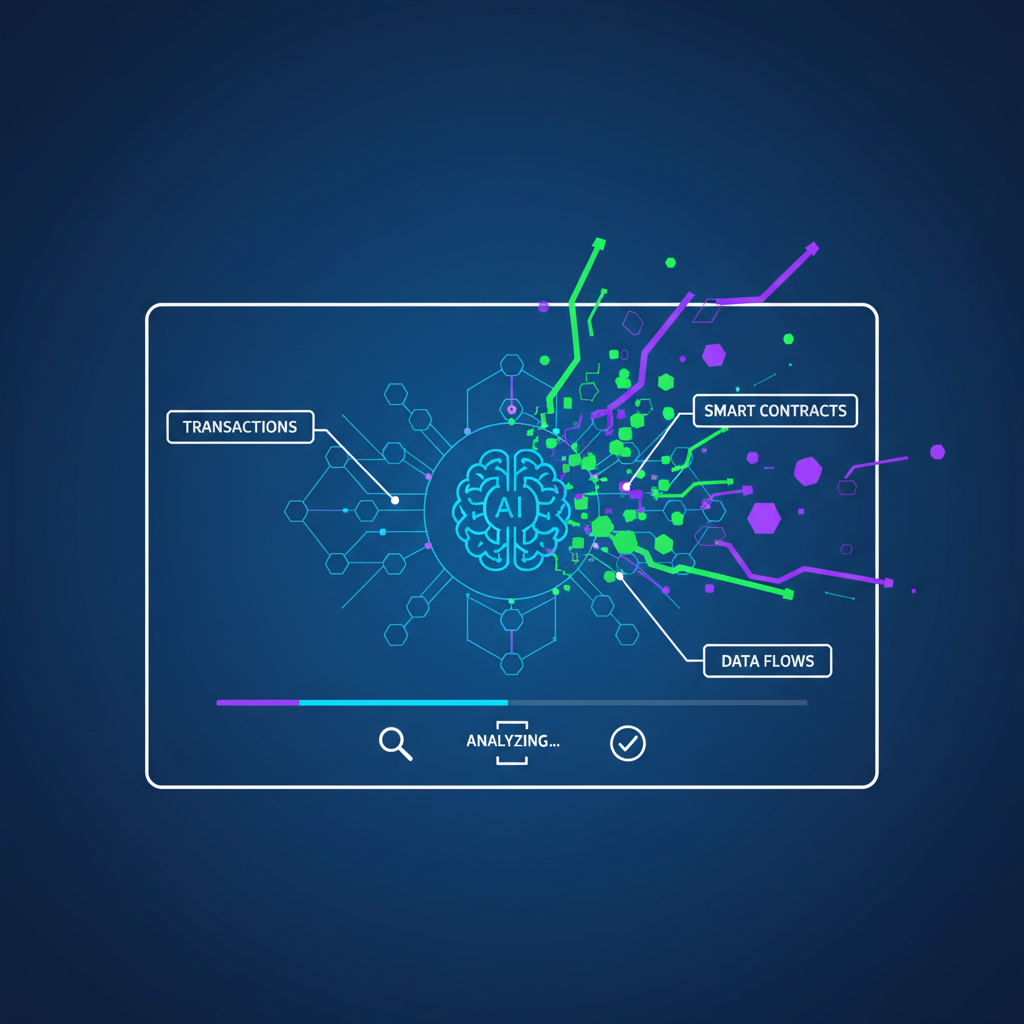 futuristic dashboard AI analyzing blockchain transactions smart contracts data flows exploding