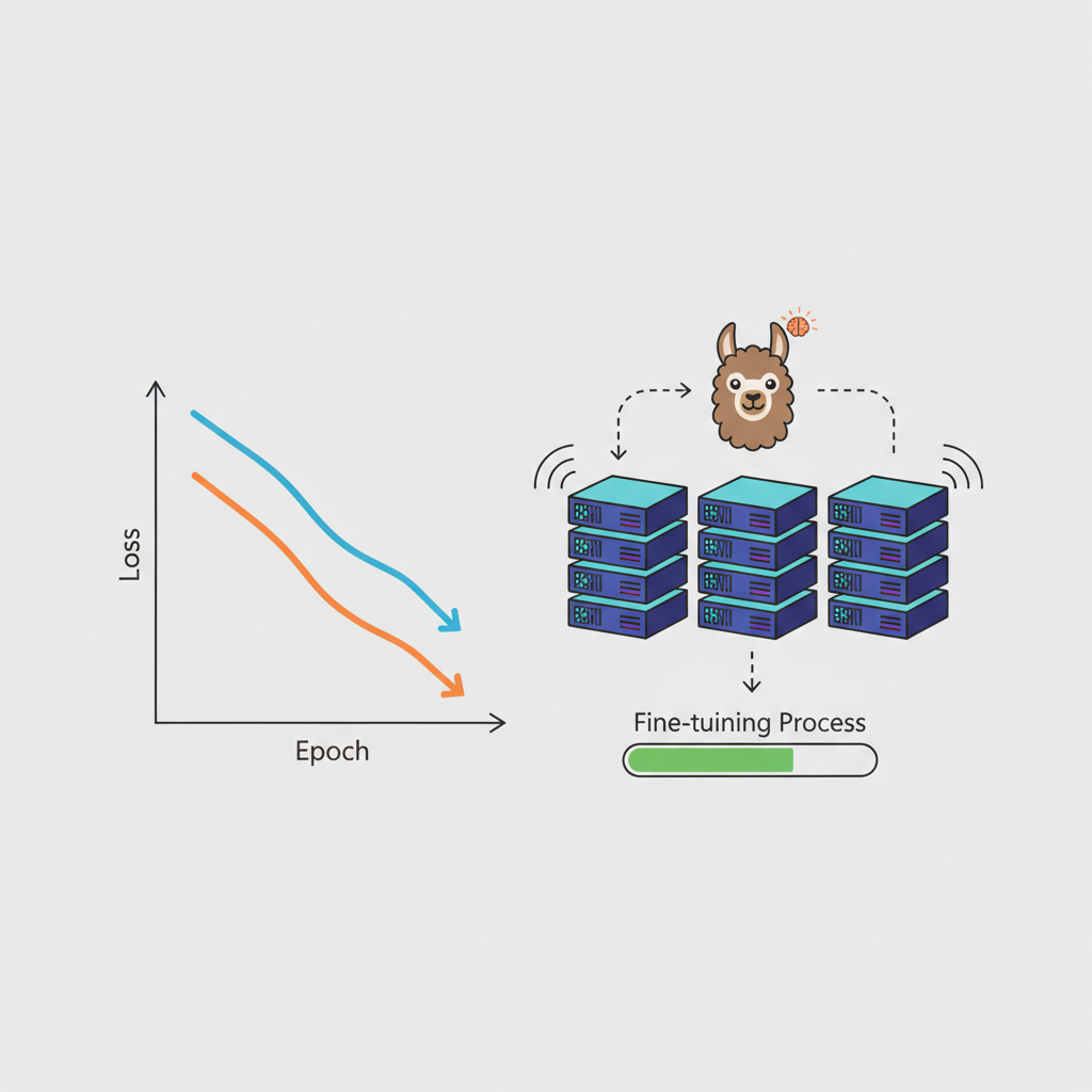 fine-tuning Llama model graph, training curves descending, GPU servers humming