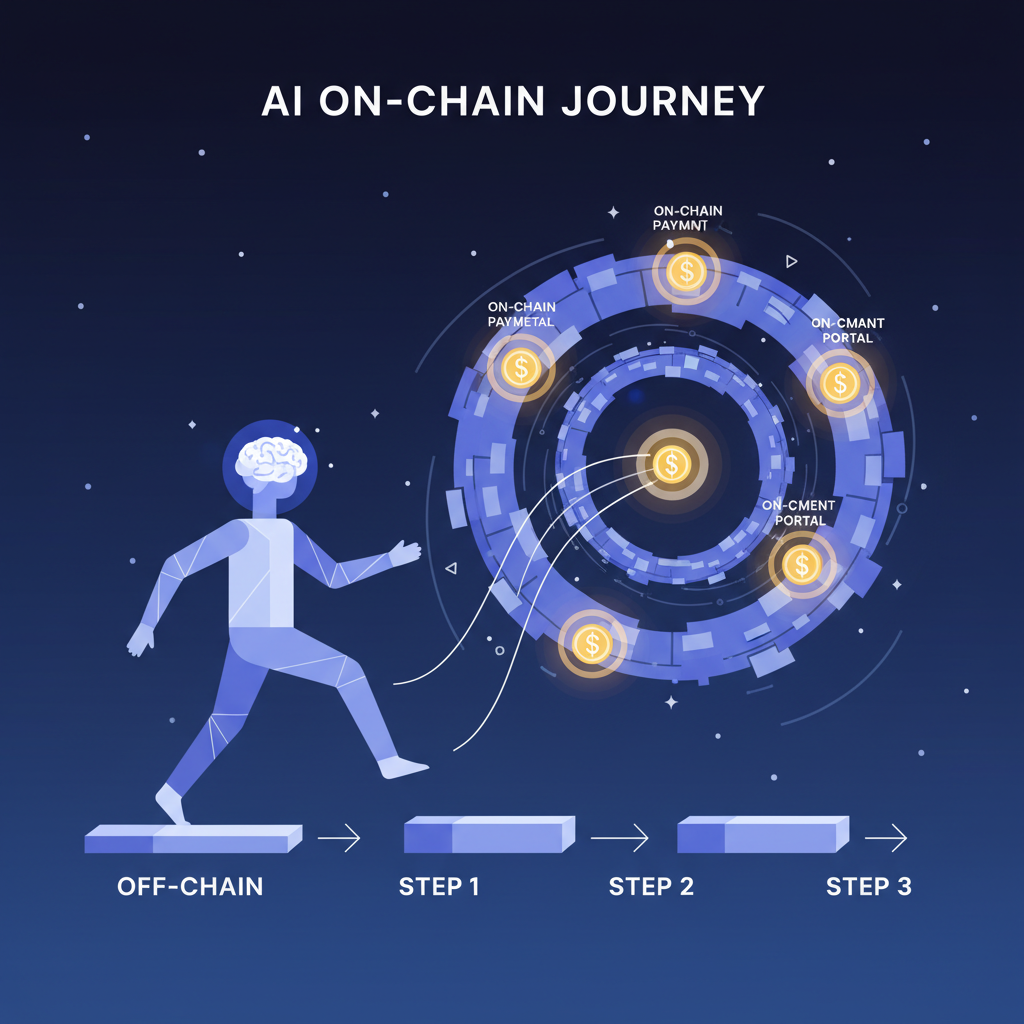 AI entity stepping into blockchain galaxy, onchain payment portals glowing