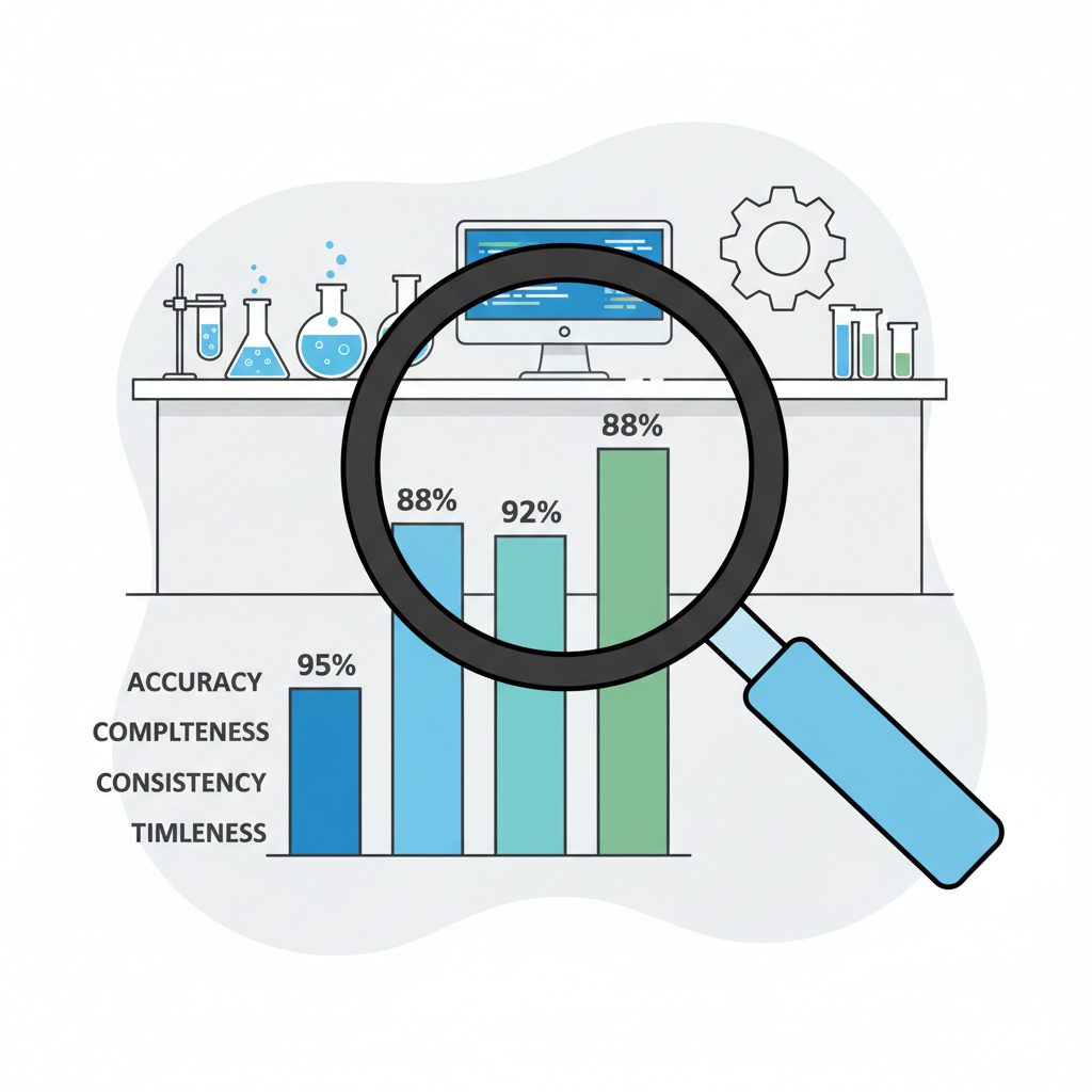 magnifying glass over dataset quality metrics graph, authoritative lab setting
