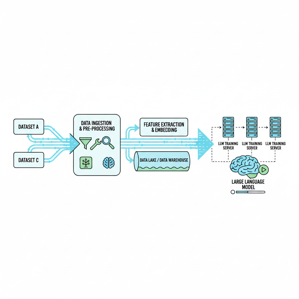 pipeline diagram connecting datasets to LLM training servers, flowing data streams