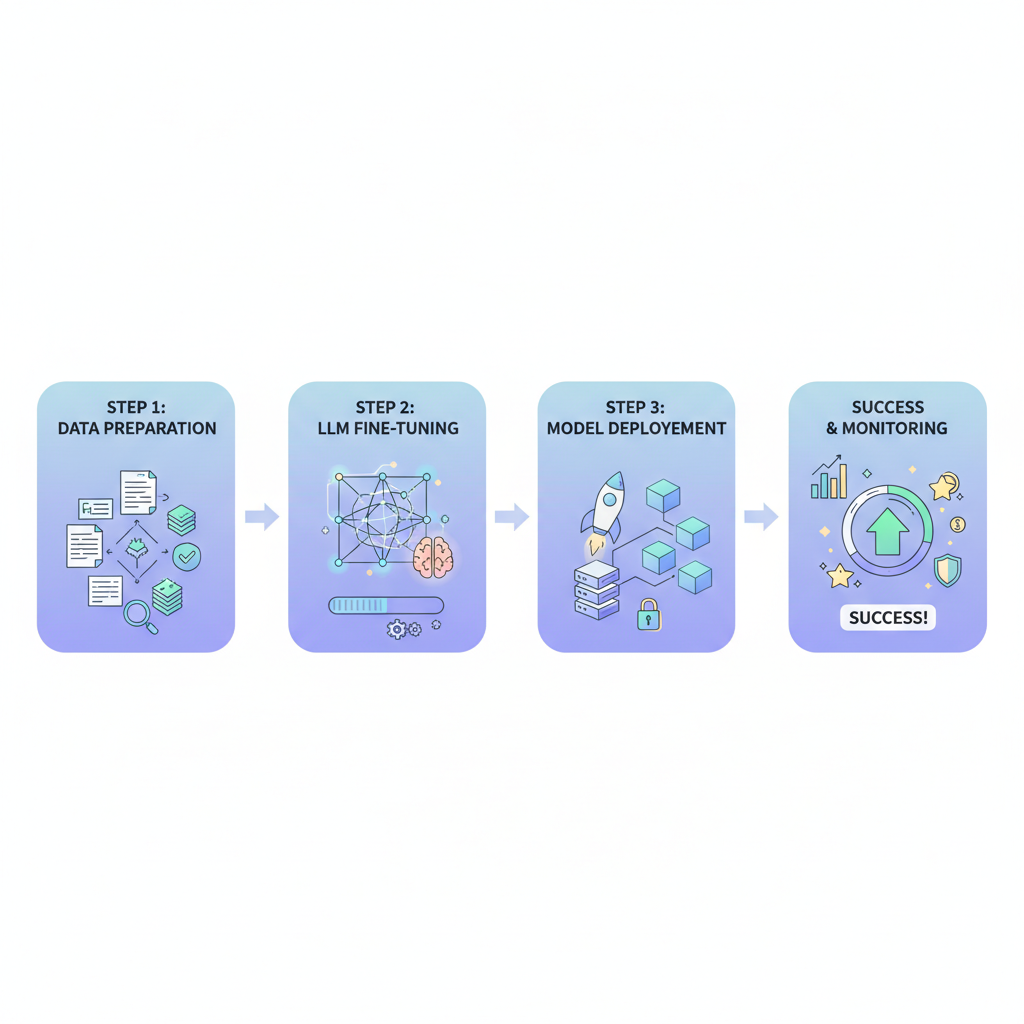 LLM fine-tuning pipeline completion, model deployment to blockchain, success metrics glowing