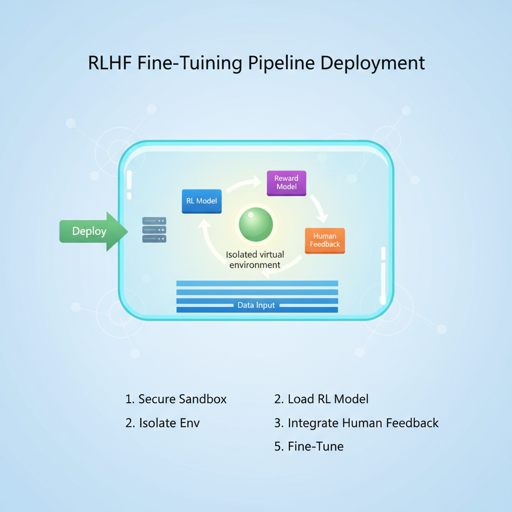 secure sandbox container deploying RLHF fine-tuning pipeline, isolated virtual environment glow