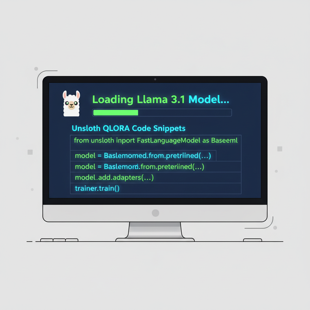 coder terminal loading Llama 3.1 model with Unsloth QLoRA code snippets glowing