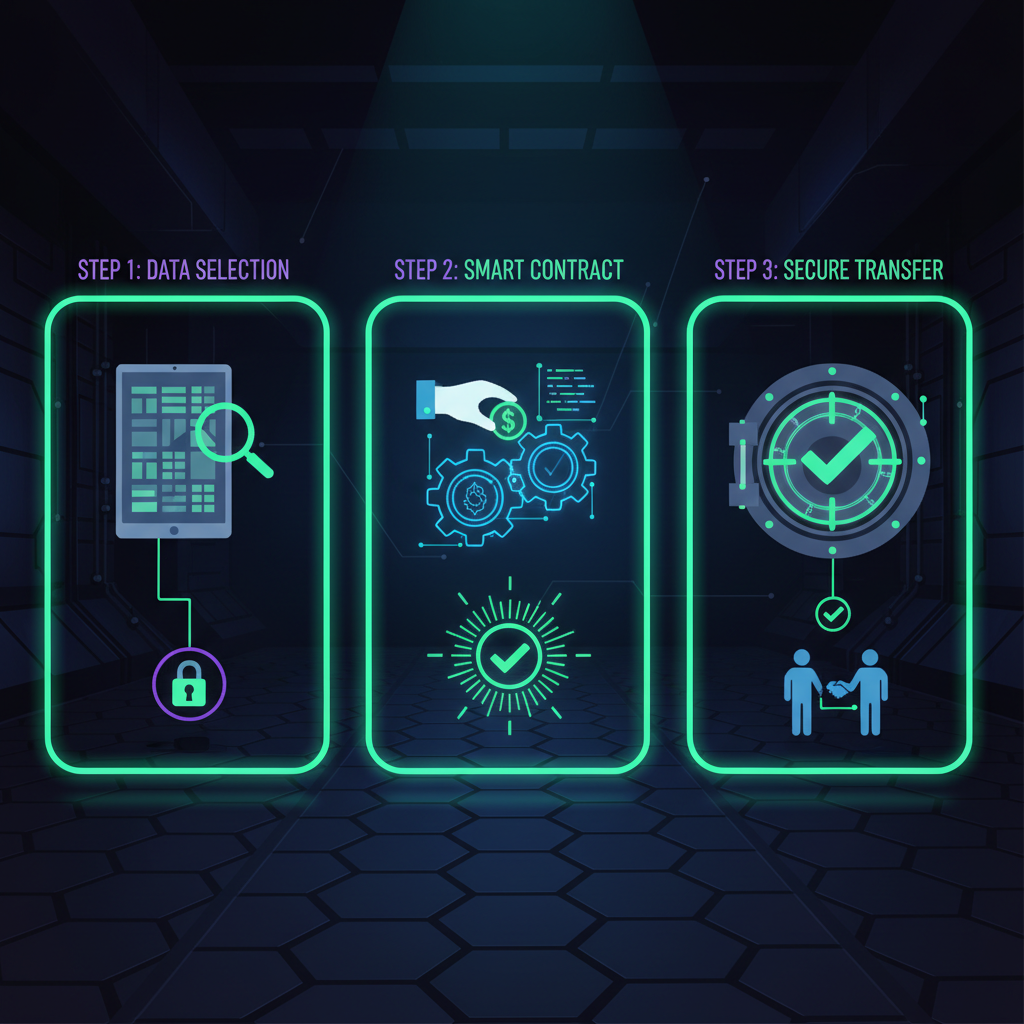 secure blockchain transaction for data purchase, green checkmarks, cyberpunk vault